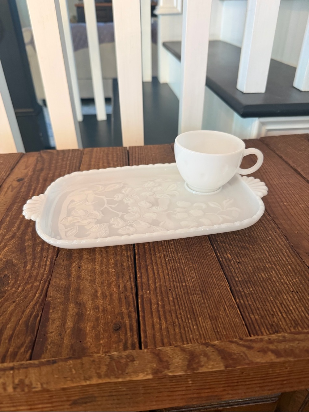 Set of (4) Vintage White Floral Embossed Milk Glass Snack Plates with Cups